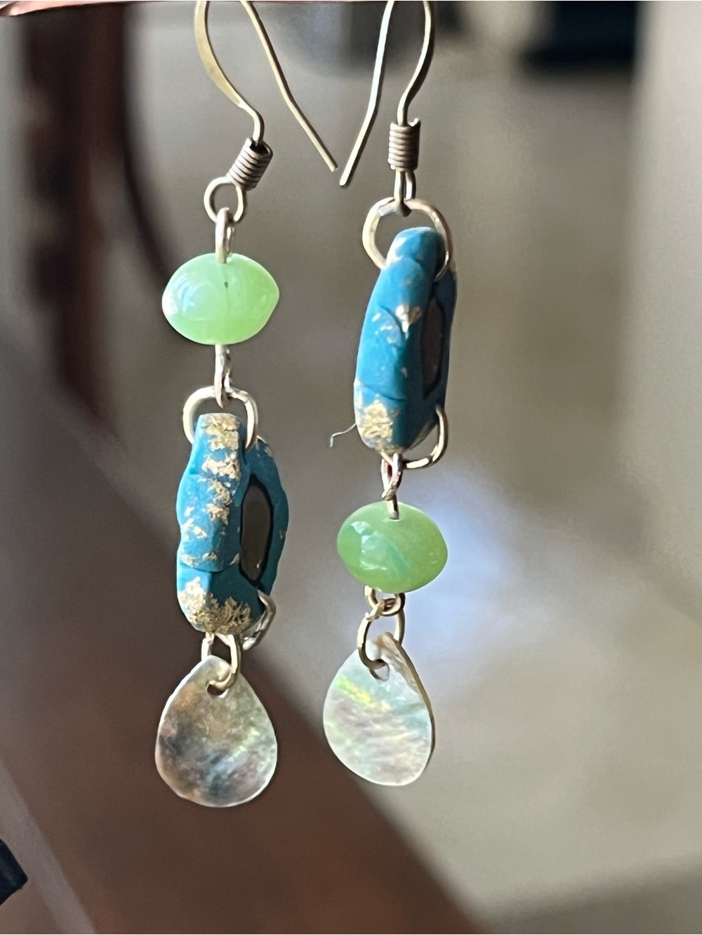Turquoise & Light Green Bead Drop Earrings with Shell Teardrops